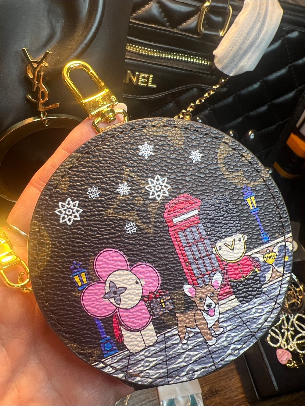 Designer-Inspired Round Leather Coin Pouch - Black with Pink kkAccents